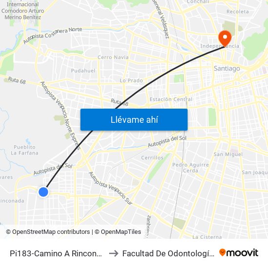 Pi183-Camino A Rinconada / Esq. Avenida 3 Poniente to Facultad De Odontología De La Universidad De Chile map