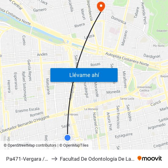 Pa471-Vergara / Esq. Gorbea to Facultad De Odontología De La Universidad De Chile map