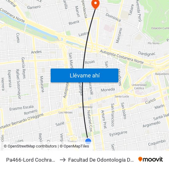 Pa466-Lord Cochrane / Esq. Eyzaguirre to Facultad De Odontología De La Universidad De Chile map