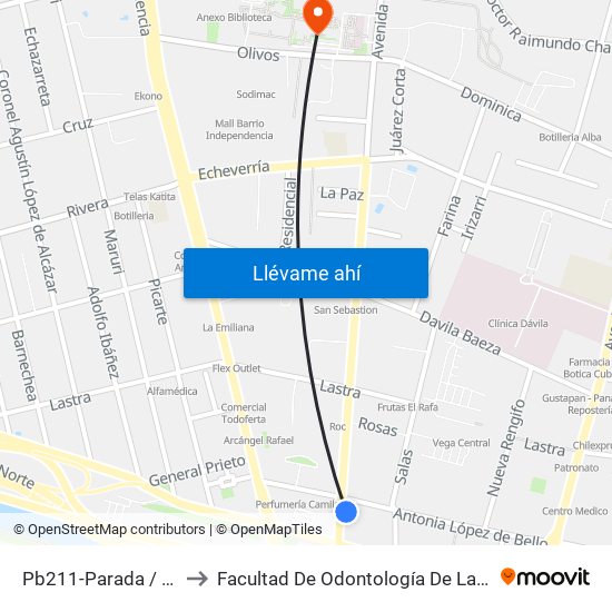 Pb211-Parada / Vega Central to Facultad De Odontología De La Universidad De Chile map