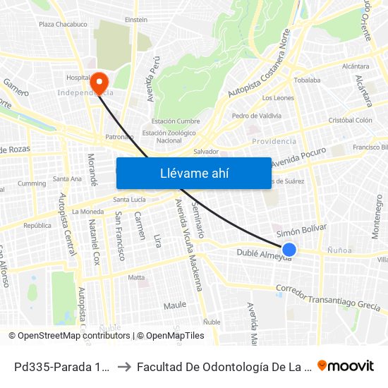 Pd335-Parada 1 / (M) Ñuñoa to Facultad De Odontología De La Universidad De Chile map