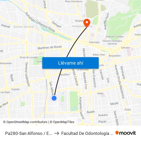 Pa280-San Alfonso / Esq. Fray Luis De La Peña to Facultad De Odontología De La Universidad De Chile map