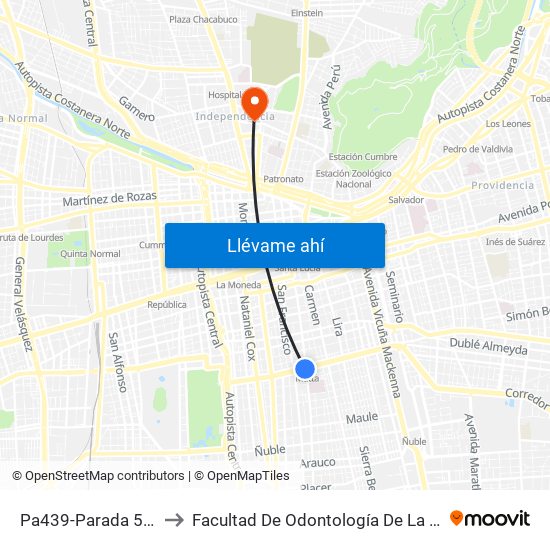 Pa439-Parada 5 / (M) Matta to Facultad De Odontología De La Universidad De Chile map