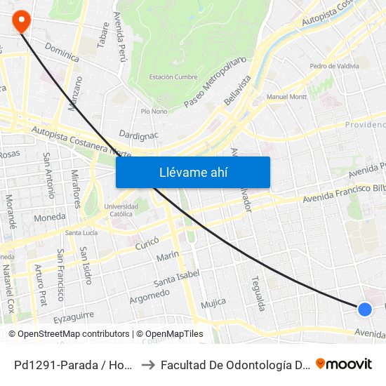 Pd1291-Parada / Hospital De Carabineros to Facultad De Odontología De La Universidad De Chile map