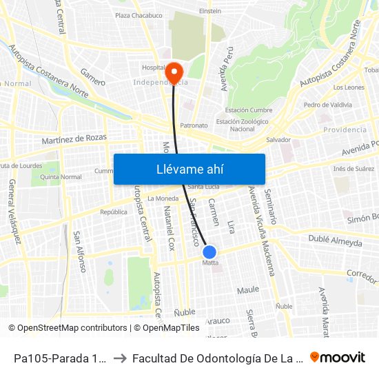Pa105-Parada 1 / (M) Matta to Facultad De Odontología De La Universidad De Chile map