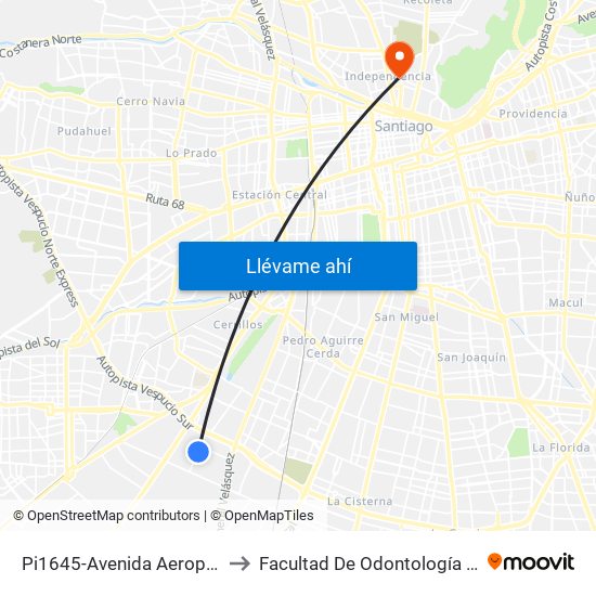 Pi1645-Avenida Aeropuerto / Esq. Vista Alegre to Facultad De Odontología De La Universidad De Chile map