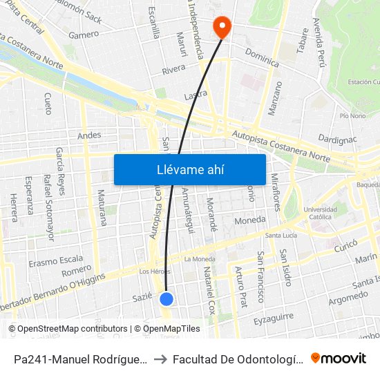 Pa241-Manuel Rodríguez / Esq. Padre M. De Olivares to Facultad De Odontología De La Universidad De Chile map