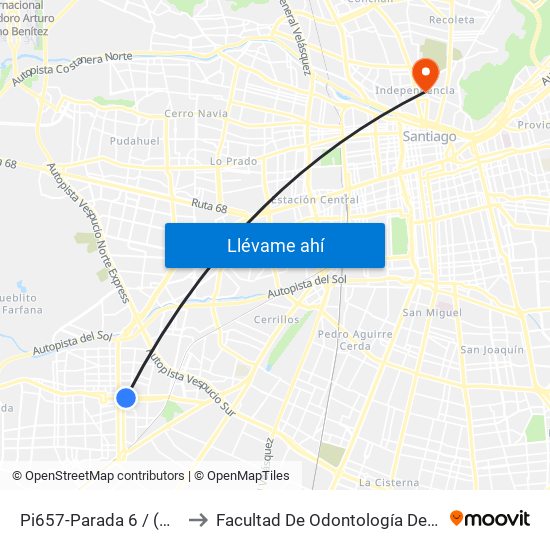 Pi657-Parada 6 / (M) Plaza De Maipú to Facultad De Odontología De La Universidad De Chile map