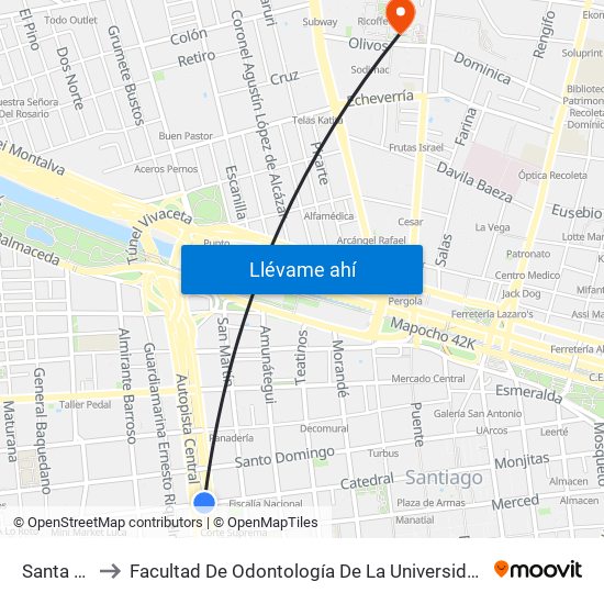 Santa Ana to Facultad De Odontología De La Universidad De Chile map