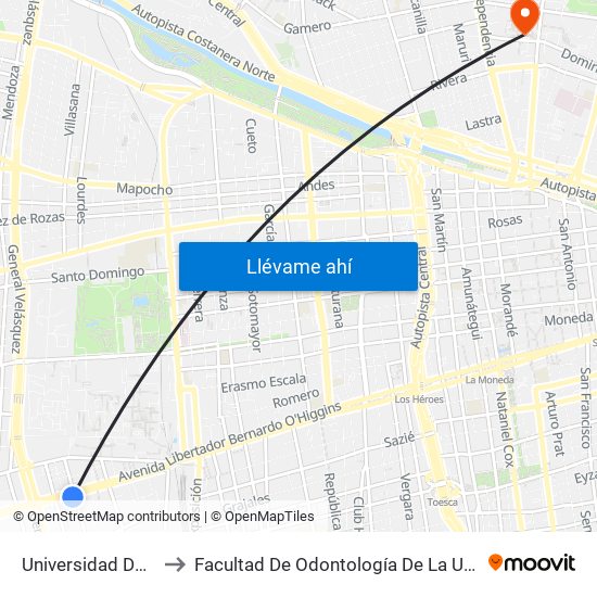 Universidad De Santiago to Facultad De Odontología De La Universidad De Chile map