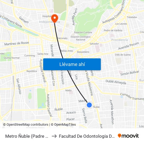 Metro Ñuble (Padre Orellana Esq. Ñuble) to Facultad De Odontología De La Universidad De Chile map