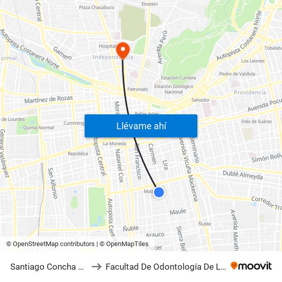Santiago Concha Esq. Amazonas to Facultad De Odontología De La Universidad De Chile map