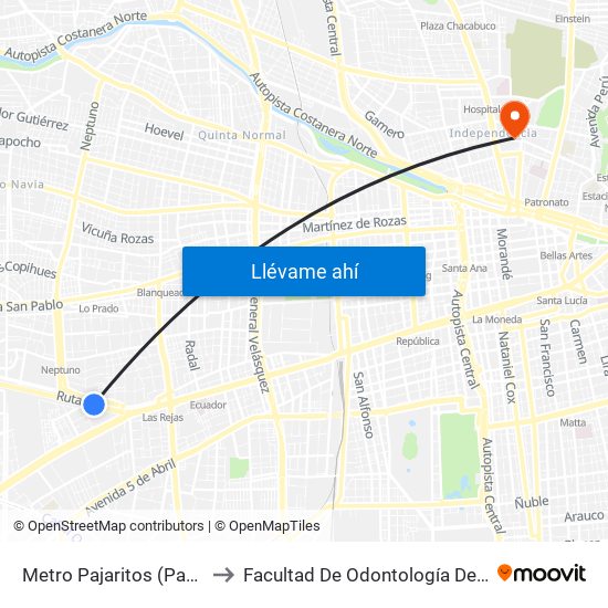 Metro Pajaritos (Pasarela Valle Verde) to Facultad De Odontología De La Universidad De Chile map