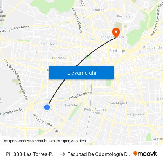 Pi1830-Las Torres-Poniente / Esq. Alaska to Facultad De Odontología De La Universidad De Chile map