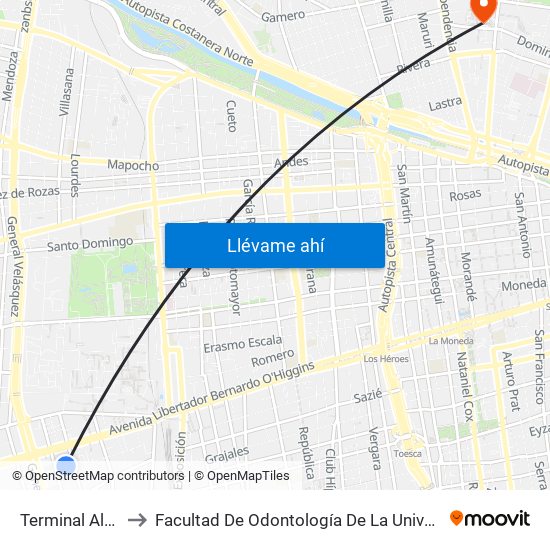Terminal Alameda to Facultad De Odontología De La Universidad De Chile map