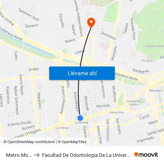 Metro Moneda to Facultad De Odontología De La Universidad De Chile map