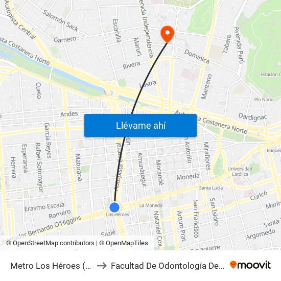 Metro Los Héroes (Plazoleta Central) to Facultad De Odontología De La Universidad De Chile map
