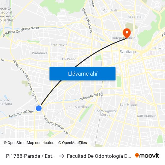 Pi1788-Parada / Est. Intermodal Del Sol to Facultad De Odontología De La Universidad De Chile map