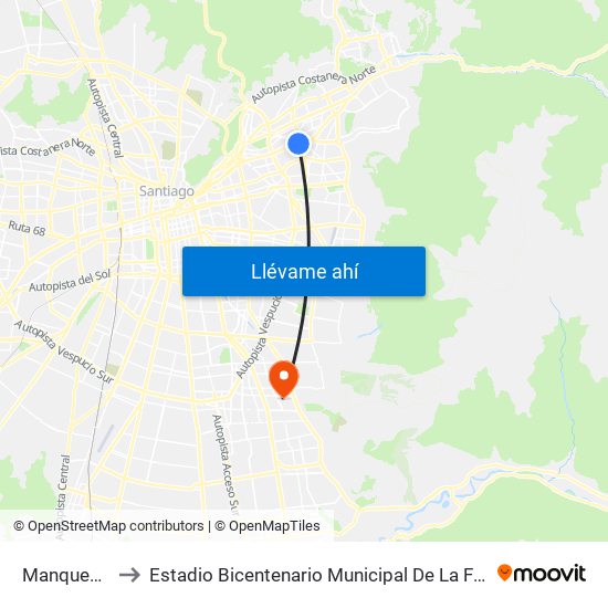 Manquehue to Estadio Bicentenario Municipal De La Florida map