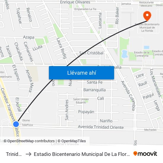 Trinidad to Estadio Bicentenario Municipal De La Florida map