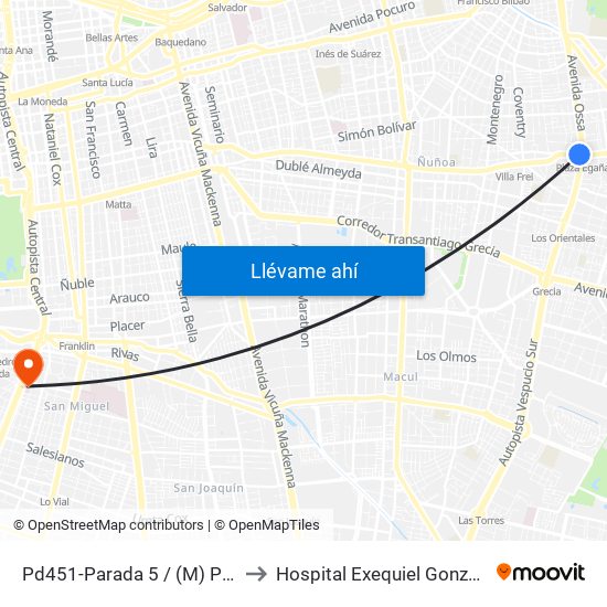 Pd451-Parada 5 / (M) Plaza Egaña to Hospital Exequiel Gonzalez Cortez map