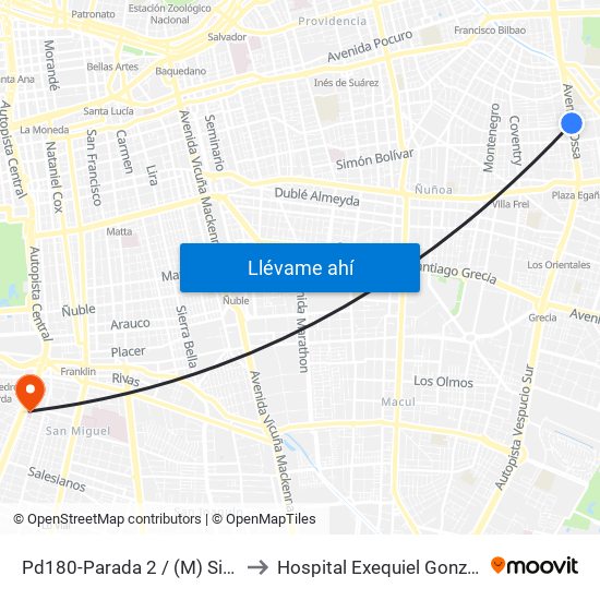 Pd180-Parada 2 / (M) Simón Bolívar to Hospital Exequiel Gonzalez Cortez map