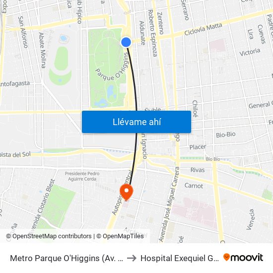 Metro Parque O'Higgins (Av. Tupper Esq. Av. Viel) to Hospital Exequiel Gonzalez Cortez map