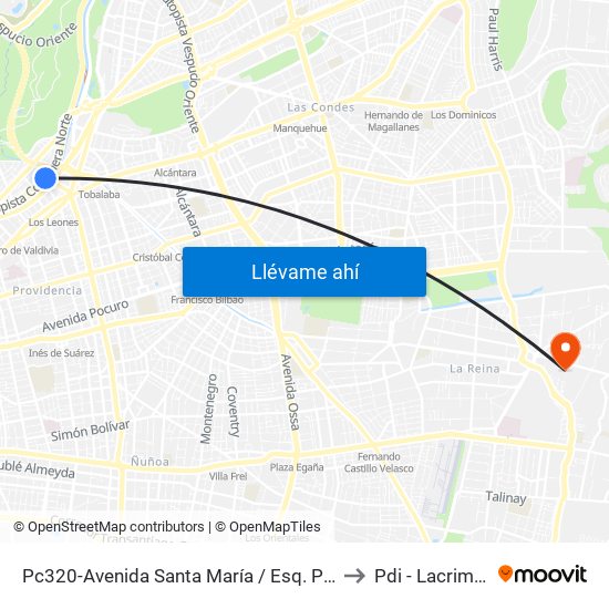 Pc320-Avenida Santa María / Esq. Puente Los Leones to Pdi - Lacrim Central map