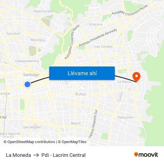 La Moneda to Pdi - Lacrim Central map