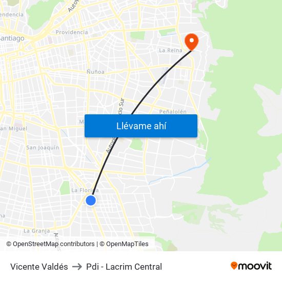 Vicente Valdés to Pdi - Lacrim Central map