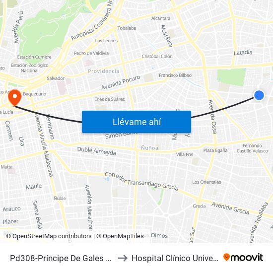 Pd308-Príncipe De Gales / Esq. S. Izquierdo to Hospital Clínico Universidad Católica map