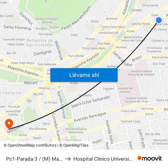 Pc1-Parada 3 / (M) Manuel Montt to Hospital Clínico Universidad Católica map