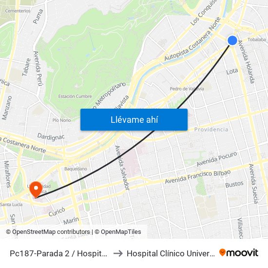 Pc187-Parada 2 / Hospital Metropolitano to Hospital Clínico Universidad Católica map