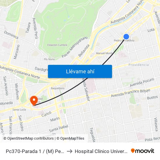 Pc370-Parada 1 / (M) Pedro De Valdivia to Hospital Clínico Universidad Católica map