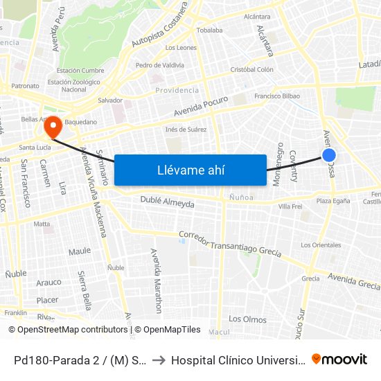 Pd180-Parada 2 / (M) Simón Bolívar to Hospital Clínico Universidad Católica map