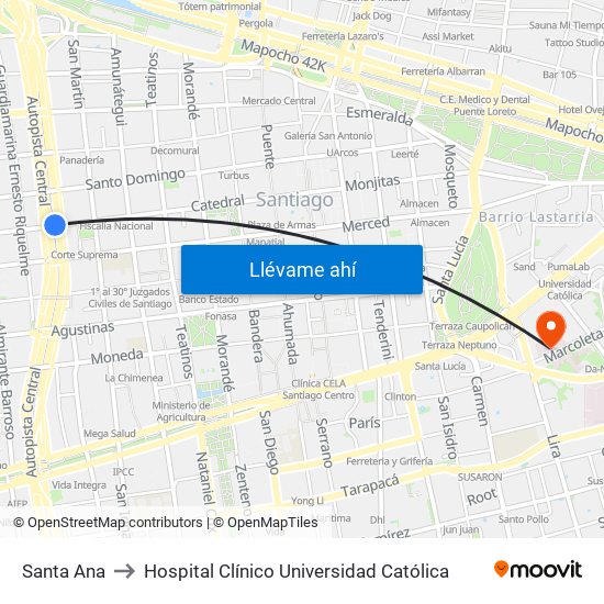 Santa Ana to Hospital Clínico Universidad Católica map