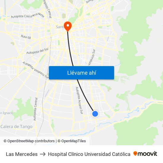 Las Mercedes to Hospital Clínico Universidad Católica map