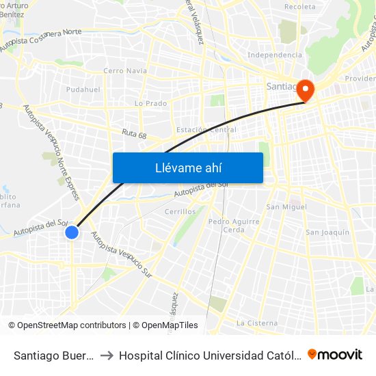 Santiago Bueras to Hospital Clínico Universidad Católica map