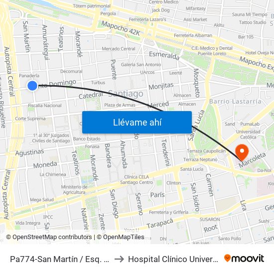 Pa774-San Martín / Esq. Santo Domingo to Hospital Clínico Universidad Católica map