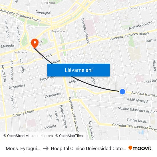 Mons. Eyzaguirre to Hospital Clínico Universidad Católica map