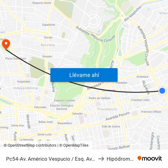 Pc54-Av. Américo Vespucio / Esq. Av. Cristóbal Colón to Hipódromo Chile map