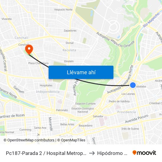 Pc187-Parada 2 / Hospital Metropolitano to Hipódromo Chile map