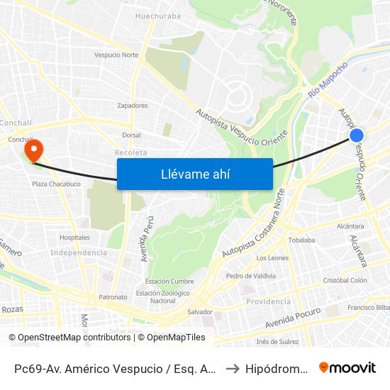 Pc69-Av. Américo Vespucio / Esq. Avenida Vitacura to Hipódromo Chile map