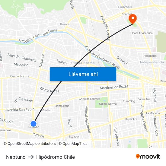 Neptuno to Hipódromo Chile map