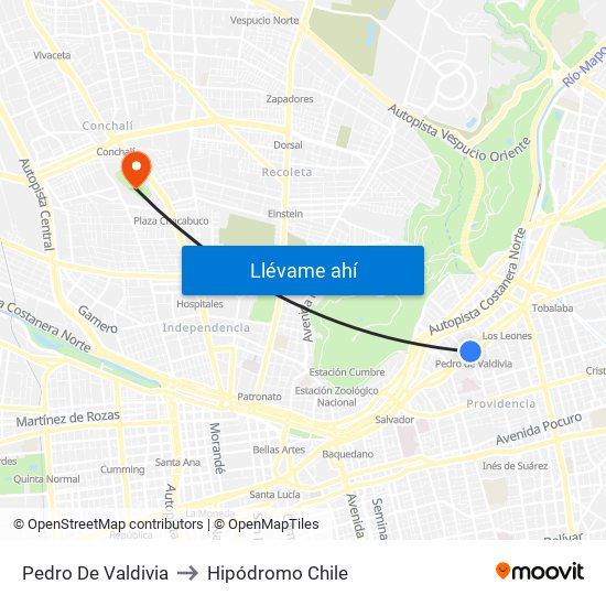 Pedro De Valdivia to Hipódromo Chile map