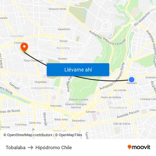 Tobalaba to Hipódromo Chile map