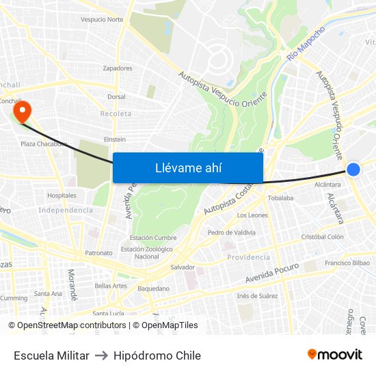 Escuela Militar to Hipódromo Chile map