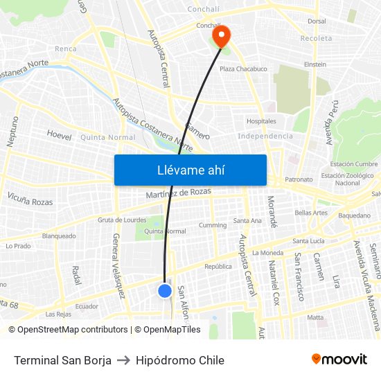 Terminal San Borja to Hipódromo Chile map