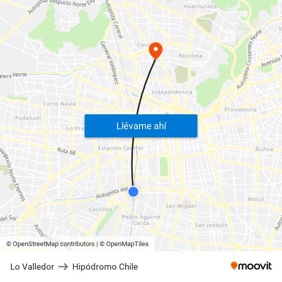 Lo Valledor to Hipódromo Chile map