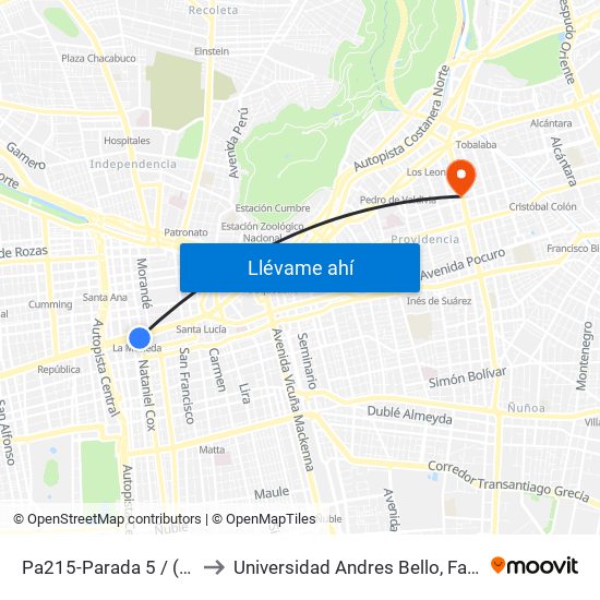 Pa215-Parada 5 / (M) La Moneda to Universidad Andres Bello, Facultad De Negocios map